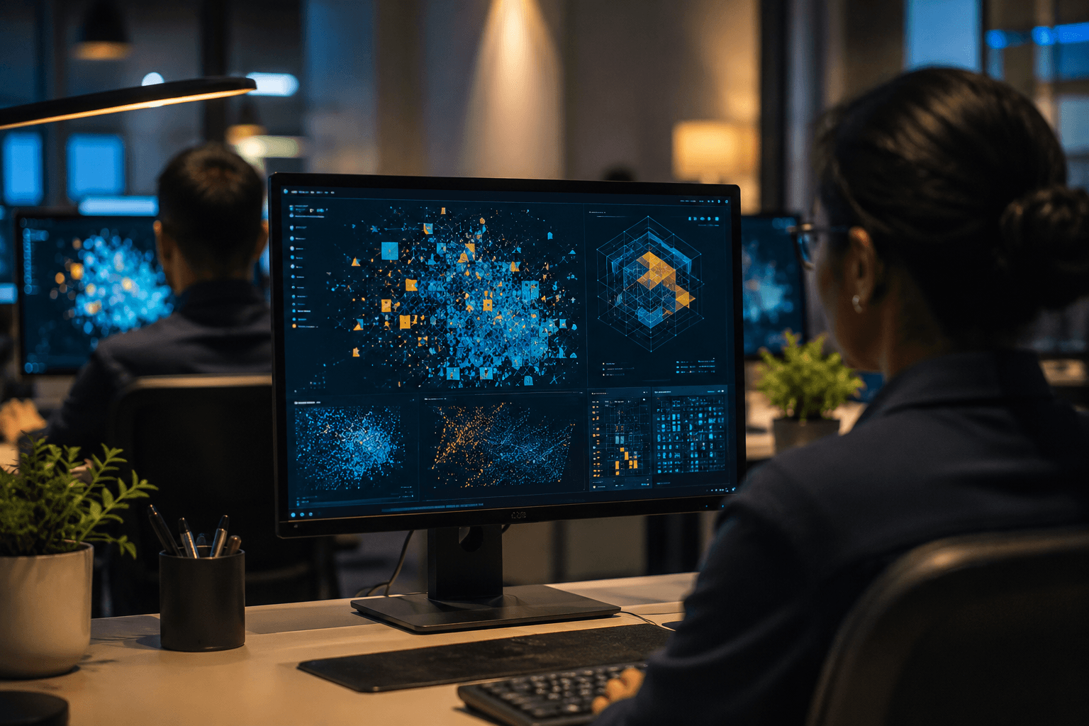 Un espacio de anotación de datos con un monitor de alta resolución que muestra visualización de datos abstracta en azul larimar y ámbar.