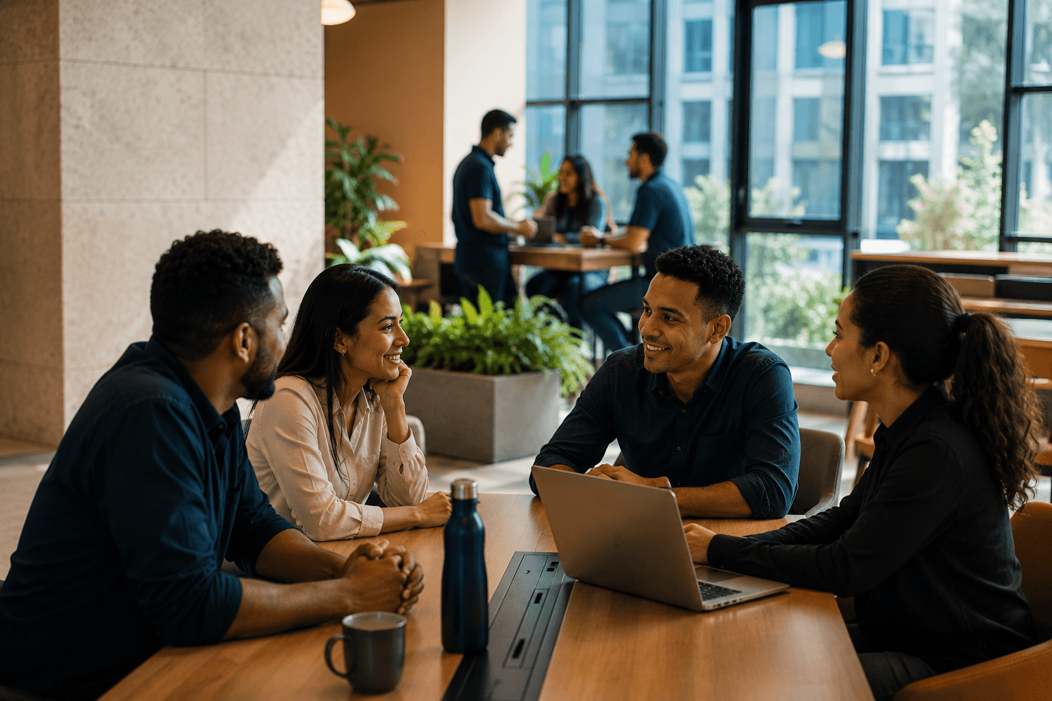 A warm, candid moment in a modern office common area, with young professionals in relaxed conversation around a communal table.