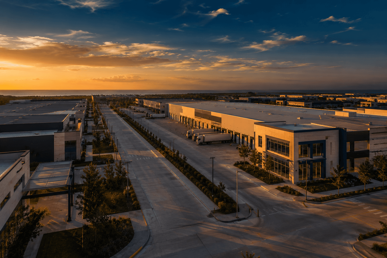 Un moderno parque industrial y logístico a la hora dorada, con arquitectura limpia de almacenes y oficinas e infraestructura organizada.