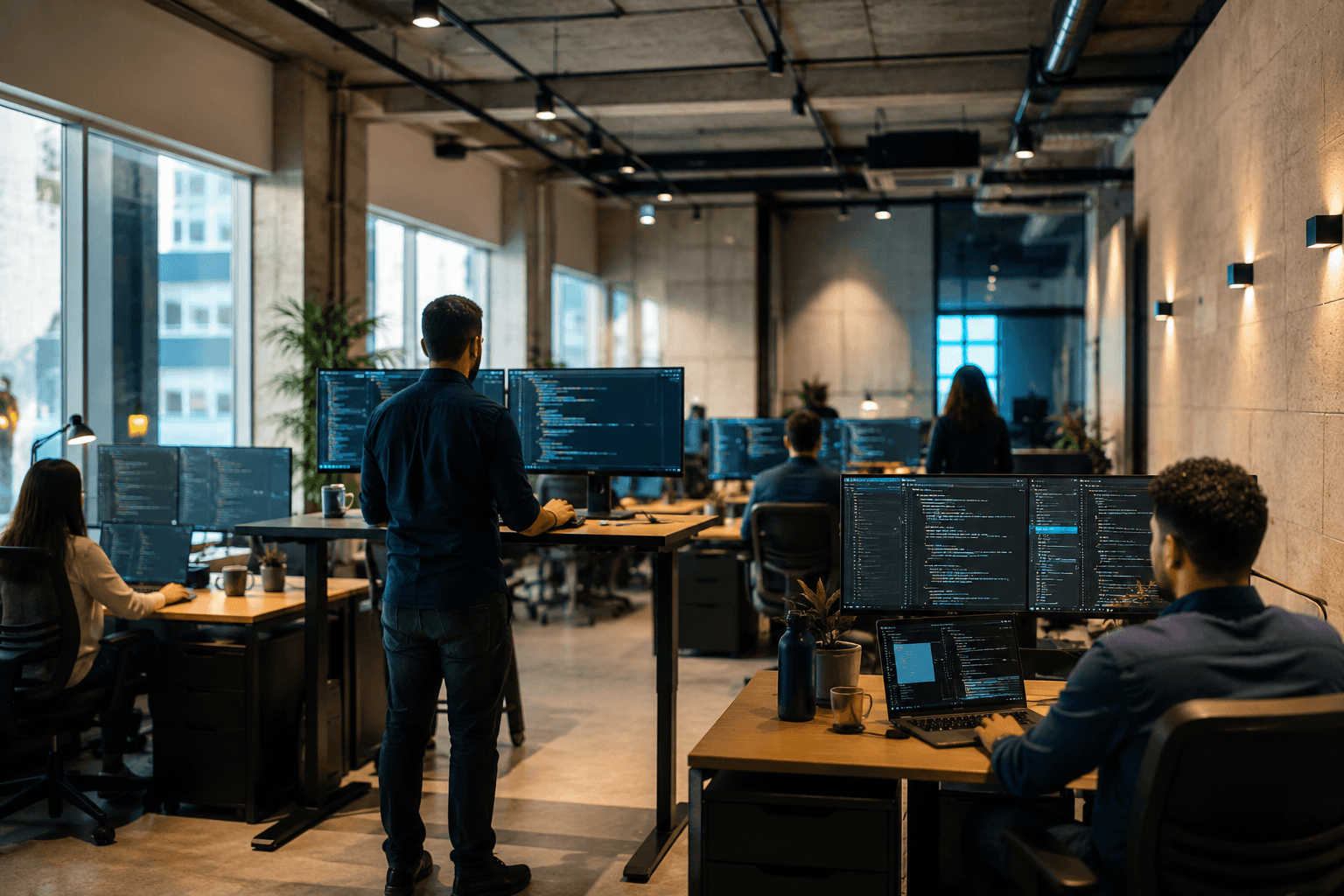 Un moderno espacio de ingeniería de software con varios desarrolladores en escritorios de pie y sentados, paredes de piedra caliza cálida y luz natural.