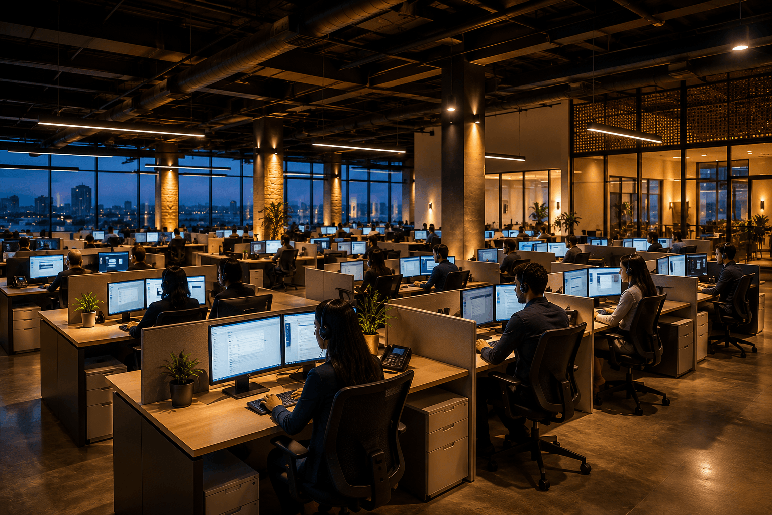 A spacious, well-resourced contact centre operations floor at dusk, with clean workstations and generous spacing between desks.