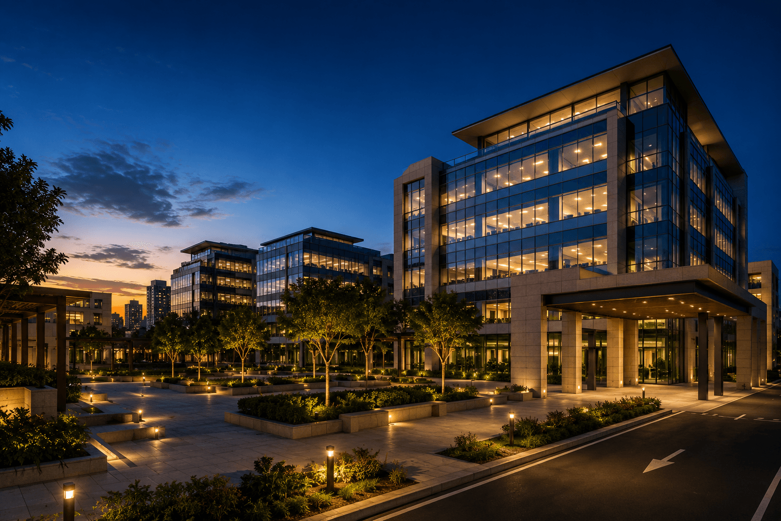 Un moderno parque empresarial y tecnológico de baja altura en el corredor de Punta Cana a la hora dorada, de carácter corporativo y no turístico.